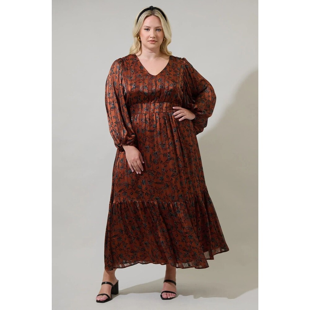 Sugarlips Leoben Rust Brown Floral Kent Tiered Maxi Cottagecore Boho Dress Sz 3X